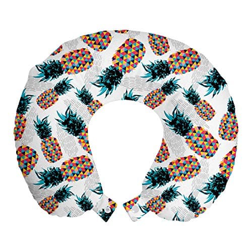 Ambesonne Contemporary Travel Pillow Neck Rest, Pineapples with Colorful Triangles Hipster and Geometric Tropical Fruit Design, Memory Foam Traveling Accessory for Airplane and Car, 12", Multicolor