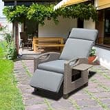 Outdoor Recliner Chair, Patio Recliner with Hand Woven Wicker, Flip Table Push Back, Adjustable Angle, Thickness Cushions, Reclining Lounge Chair for Indoor and Outdoor, Gray