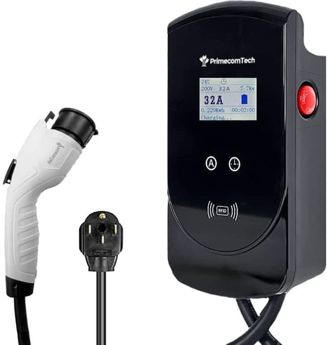 PRIMECOM 32Amp Smart Electric Vehicle EV Wall Charging Station - Level 2 EVSE- 220/240 Volt- 32 Amp Electric Car Charger, Plug-in Wall-Charger (30 FEET - NEMA 14-50P)