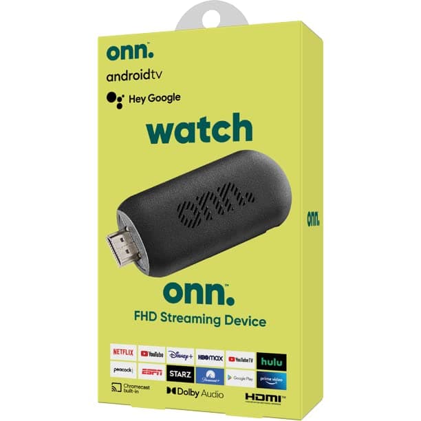 ONN Android TV 2K FHD Streaming Stick with Remote Control & Power Adapter WiFi HDMI Chromecast Built-in
