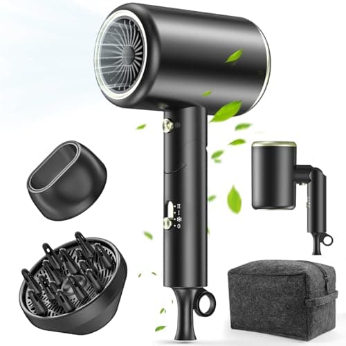 Hair Dryer, 150000RPM Ionic Blow Dryer - Fast Drying, Low Noise, Foldable Portable with Diffuser and Nozzle, Compact Mini for Women and Men, Home and Travel - Black