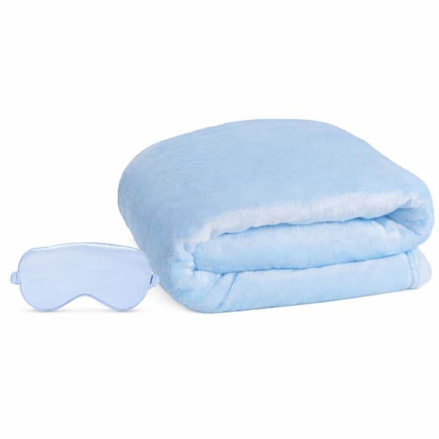 ENZOLVE Travel Blanket, Airplane Blanket, Ultra-Soft, Warm & Lightweight, 65x40 in, Outdoor Blanket Essentials for Women, Men & Kids, Included Eye Mask, Luggage Sleeve & Backpack Clip Blue