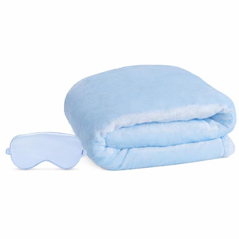 ENZOLVE Travel Blanket, Airplane Blanket, Ultra-Soft, Warm & Lightweight, 65x40 in, Outdoor Blanket Essentials for Women, Men & Kids, Included Eye Mask, Luggage Sleeve & Backpack Clip Blue