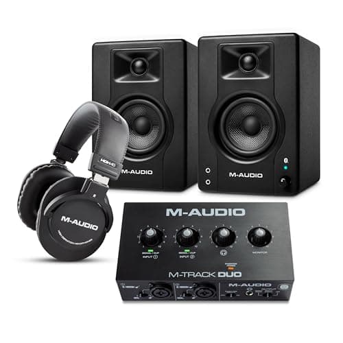 M-AUDIO BX4 Pair Bluetooth Studio Monitors Bundle with Dual XLR Audio Interface and Headphones for Studio Recording, Music Production, Podcasting, Streaming