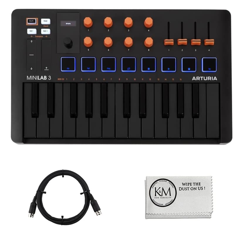 Arturia MiniLab 3 Compact MIDI Keyboard and Pad Controller | Orange Bundle with 6ft MIDI Cable + Microfiber Cleaning Cloth (3 Item)