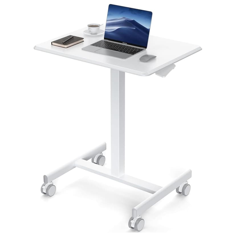 DUMOS Small Standing Desk Mobile Portable Rolling Laptop PC Table on Wheels Adjustable Height Computer Workstation for Home Office, 19 Inch, Modern White