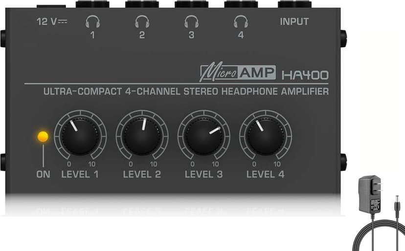 HSCLPM Headphone Amplifier, HA400 4-Channel Metal Stereo Audio Amplifier, Mini Earphone Splitter with DC 12V Power Adapter, HA400d1 for Sound Mixer PC Guitar Studio Stage