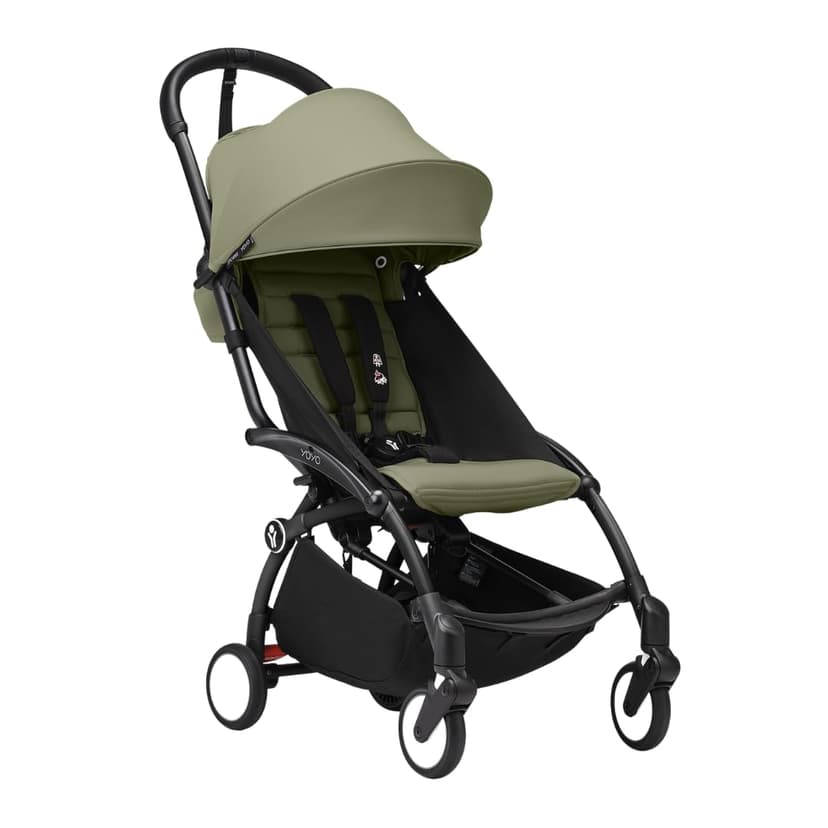 Stokke YOYO3 Stroller from 6 Months - Includes Black Frame/Olive Seat Cushion + Canopy - Folds in & Out in a Flash - Light & Compact - Carry-On Compatible