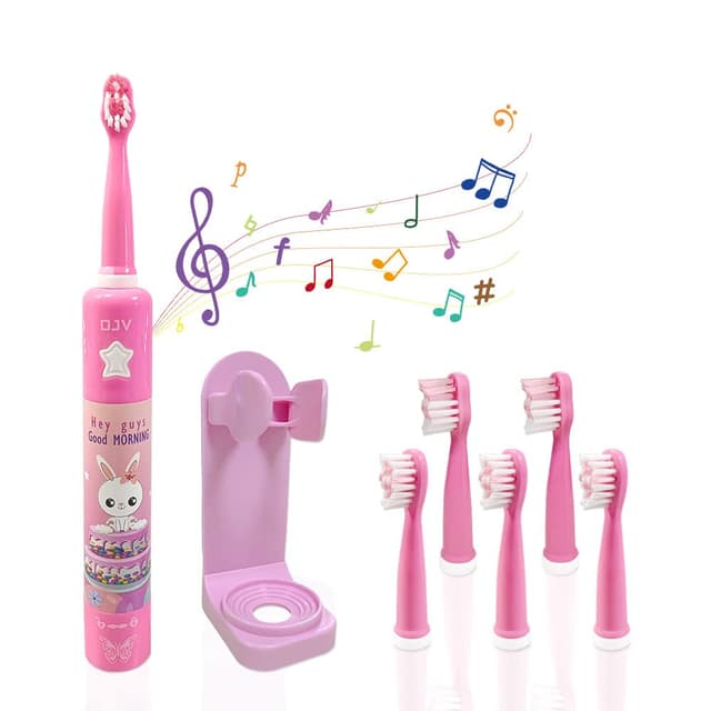 OJV 8620 Musical Electric Toothbrushes for Kids Children, 3 Modes 2 Min Timer, 6 Bristles Rechargeable Power Smart Sonic Music Play Song Toothbrush for Girls Age 3-14 with Wall Mounted Holder (Pink)