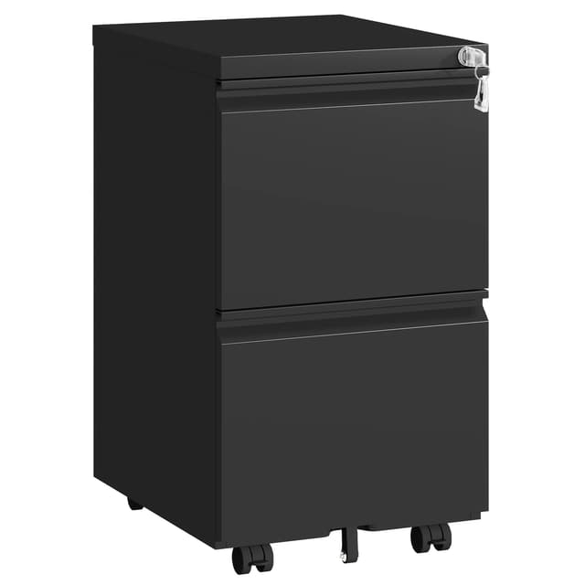 TEEALUBAN 2 Drawer File Cabinet with Lock,Under Desk Rolling Small Filing Cabinet for Home Office Storage, Mobile Steel Cabinets with Wheels, Fully Assembled, Black