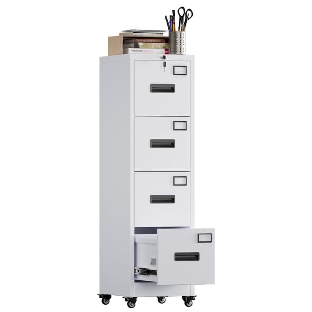METAN 4 Drawer File Cabinet on Wheels, Lockable Metal Filing Cabinet with Handle and Name Card for Office Home,Assembly Required,White