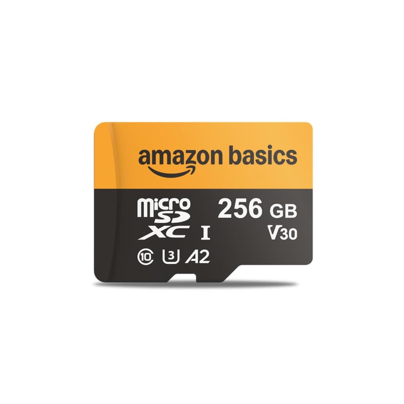 Amazon Basics 256GB microSDXC Memory Card with Adapter for Action Cameras, Full HD, Drones, Tablets, Smartphones, Read Speed Up to 200MB/s, 1-Pack