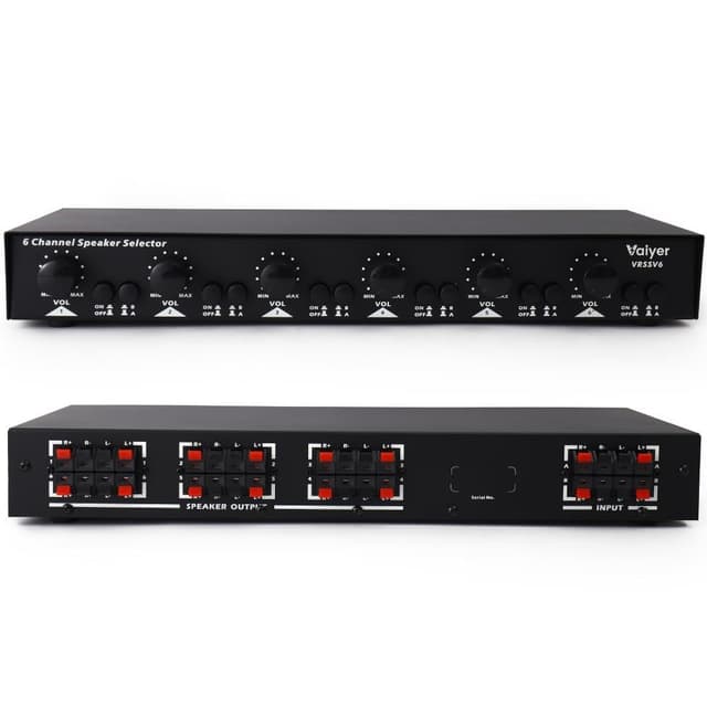 Vaiyer 6-Channel Speaker Selector with Volume Control ā 900W Max Dual-Source Multi-Room Audio Distribution System with Impedance Matching and Independent Channel Control