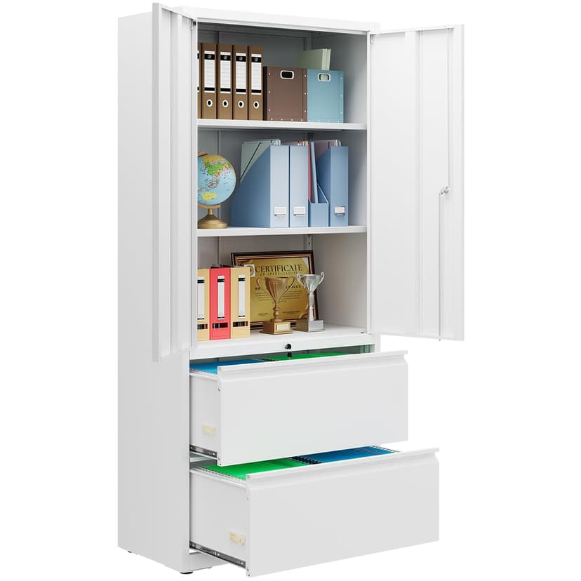 DEVAISE 71" Metal Storage Cabinet, 2-Drawer Lateral File Cabinet, Adjustable Shelves & Doors, White Garage Storage Cabinet, Heavy Duty Tall Cabinet for Home Office, Garage Organization