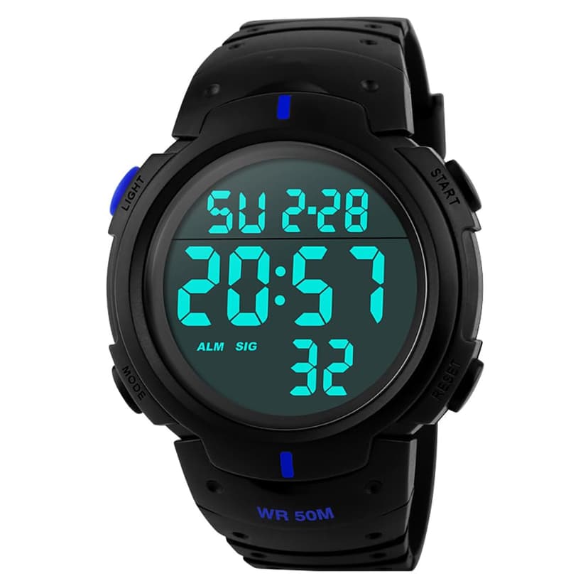 PASOY Mens Women Digital Watch Big Dial Light LED Swim Waterproof Rubber Band Alarm Black LED Watches 50MM (Blue)