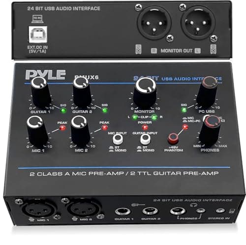 Pyle Professional USB Audio Interface with MIC, Guitar, AUX Stereo Inputs, Phone/Monitor Outputs, Ideal for Computer Playing & Recording, Compact Rugged Metal Housing - PMUX6