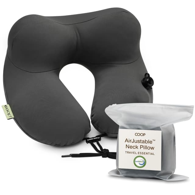 Coop Home Goods AirJustable Travel Neck Pillow, Inflatable, Adjustable Support for Neck & Chin, Compact Travel Pillow, Soft Memory Foam Comfort, Airplane Travel Essentials, Cooling & Washable Cover