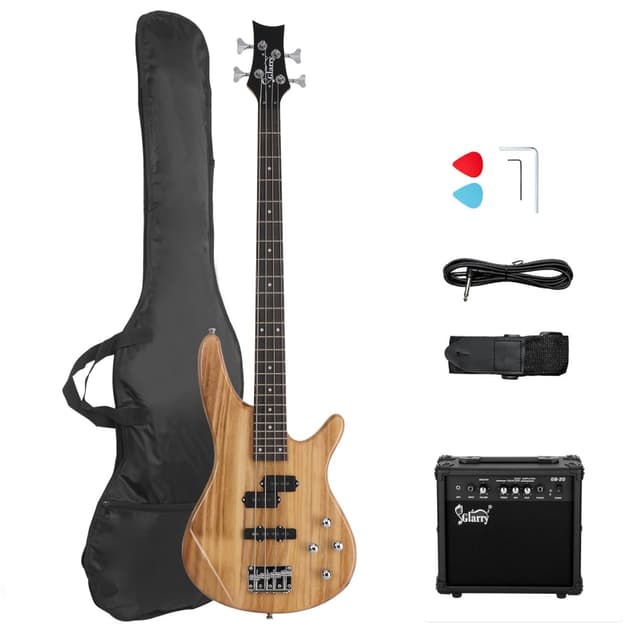 GLARRY Bass Guitar Full Size 4 String Exquisite Stylish Bass with Guitar Bag Power Line and Wrench Tool (Natural Wood, With AMP)