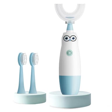 Hikid Kids Electric Toothbrush,360-Degree Sonic Vibration, IPX7 Waterproof,Toddler U Shaped Toothbrush with 2 Soft Brush Head,Cute Owl Design Baby Toothbrush for Ages 2–7(Blue)