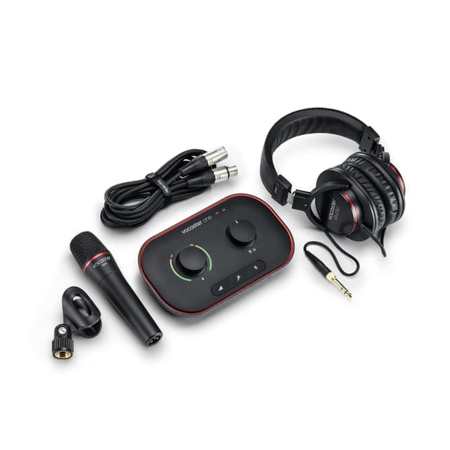 Focusrite Vocaster One Studio – Podcasting Interface for Solo Podcast Recording with Professional Quality Vocaster DM1 Dynamic Microphone & HP60v Headphones. 1 Mic Input & Headphone Output
