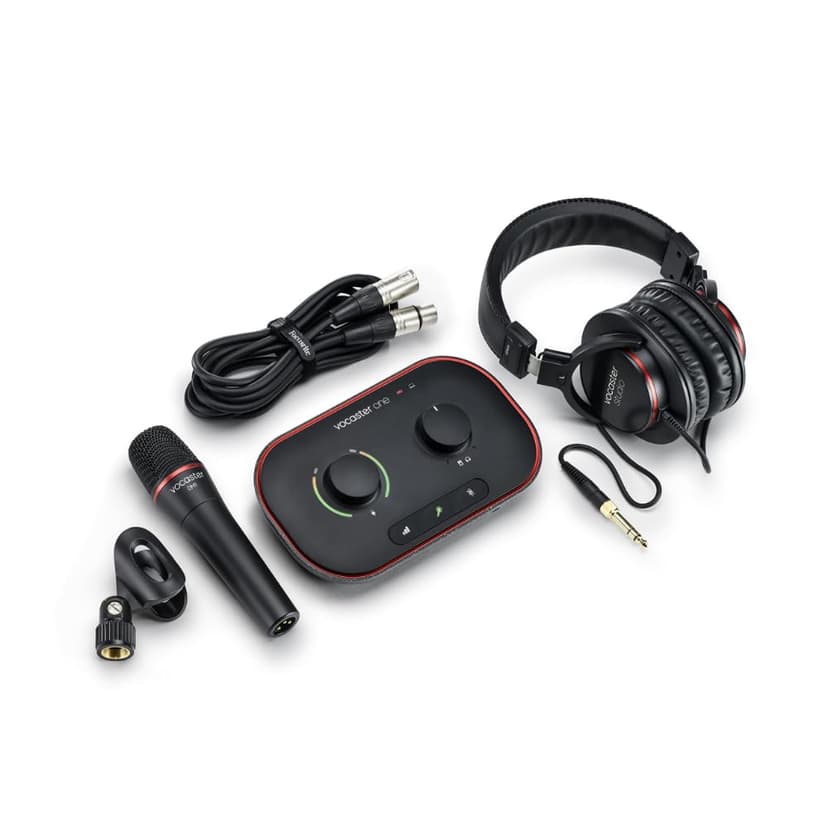 Focusrite Vocaster One Studio – Podcasting Interface for Solo Podcast Recording with Professional Quality Vocaster DM1 Dynamic Microphone & HP60v Headphones. 1 Mic Input & Headphone Output