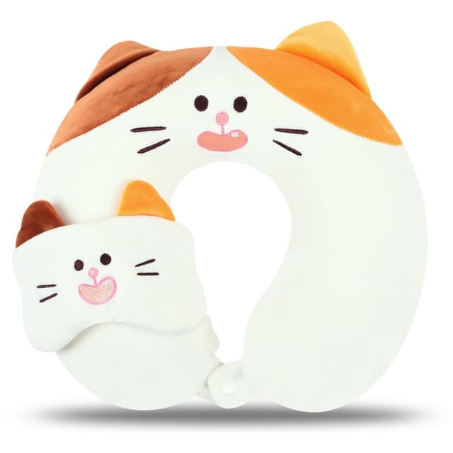 MissSoul Kids Neck Pillow for Travel with Sleep Eye Mask, Cute Travel Neck Pillow, Memory Foam Flight Sleeping Headrest Pillow for Boys & Girls, Airplane, Train, Car, Home Use - Tricolor Cat