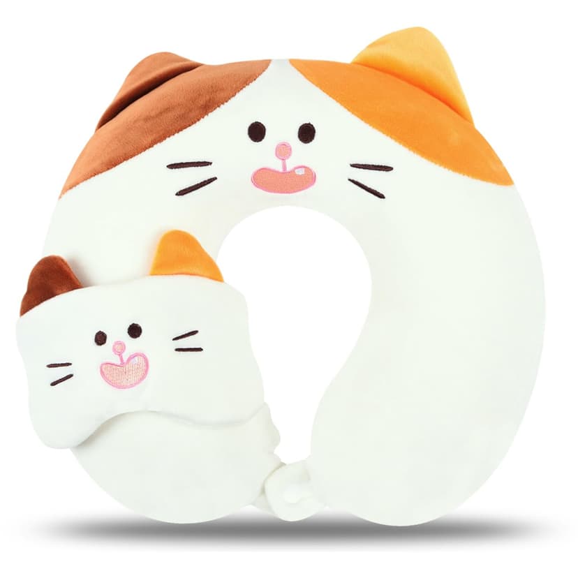 MissSoul Kids Neck Pillow for Travel with Sleep Eye Mask, Cute Travel Neck Pillow, Memory Foam Flight Sleeping Headrest Pillow for Boys & Girls, Airplane, Train, Car, Home Use - Tricolor Cat