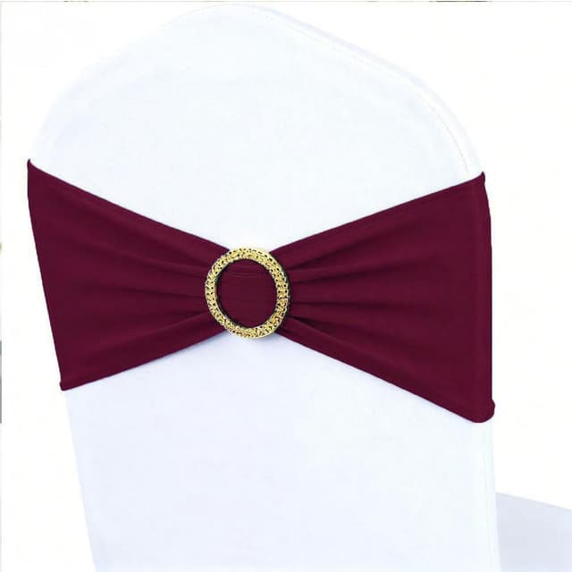 MAGTOWNE Burgundy Chair Sashes 50 Pack with Gold Buckle Slider, Spandex Wine Red Chair Bands Bows for Folding Chairs Wedding Party Banquet Décor