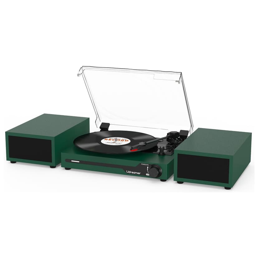 Vinyl Record Player with External Speakers BT 5.3 Wireless Turntable Portable with 3 Speed USB Vintage DarkGreen