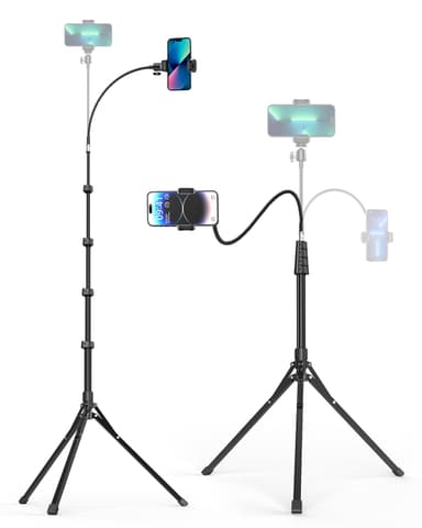 Aureday Phone Tripod, 92" Cell Phone Stand with 15" Gooseneck, Remote and Phone Holder, Overhead & Selfie Stick for Recording/Watching/Vlog, Compatible with iPhone Android