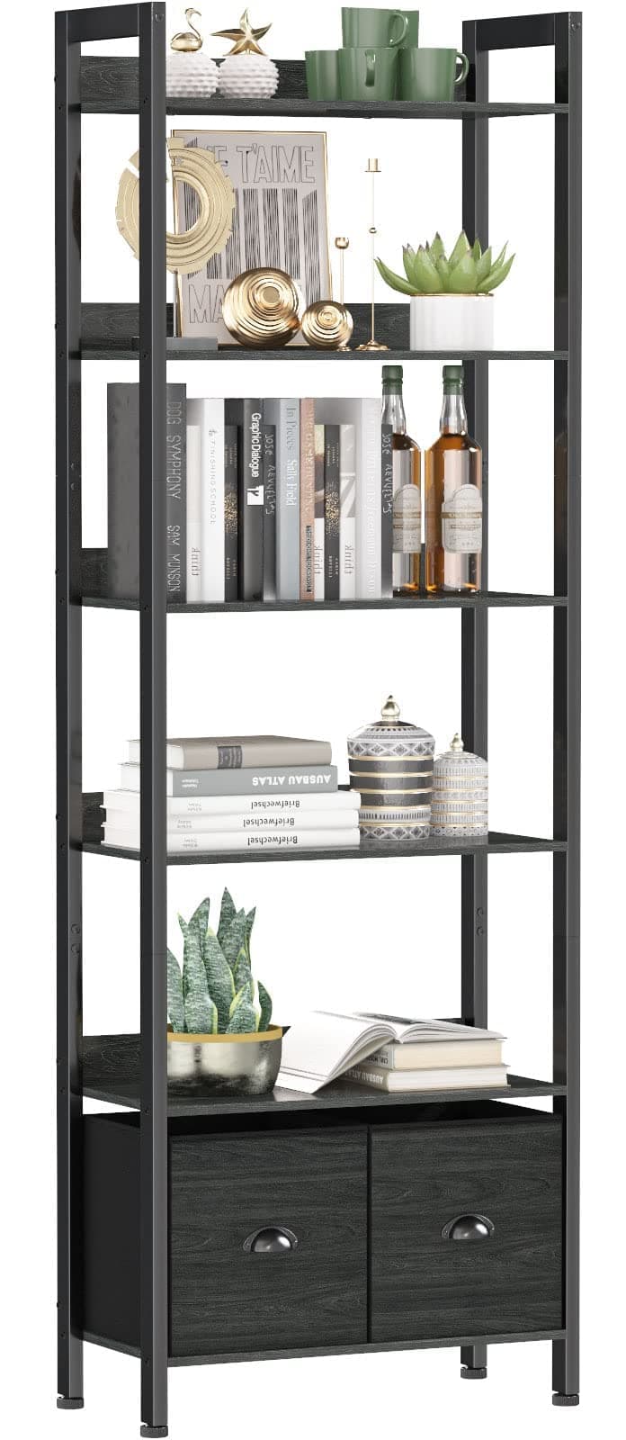 Furologee 6-Tier Bookshelf, Tall Bookcase with 2 Drawers Storage Organizer, Industrial Display Free Standing Shelf Units, Wood and Metal Storage Rack for Home Office, Bedroom, Black Oak