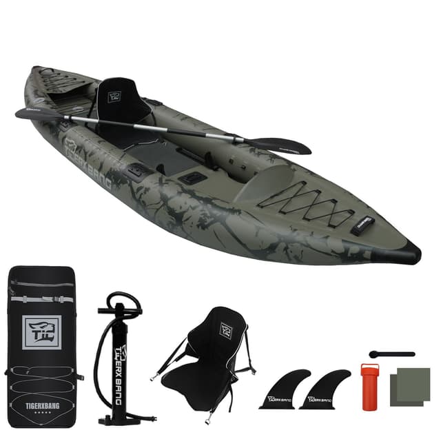 TIGERXBANG Inflatable Kayak with Detachable Seat,12.6'x40''x10.6''SUP-Kayak Set (Hand Pump/Aluminium Paddle/Backpack/and Multi-Functional Base),Adult/Kid Kayak Boat for Fishing ,Touring