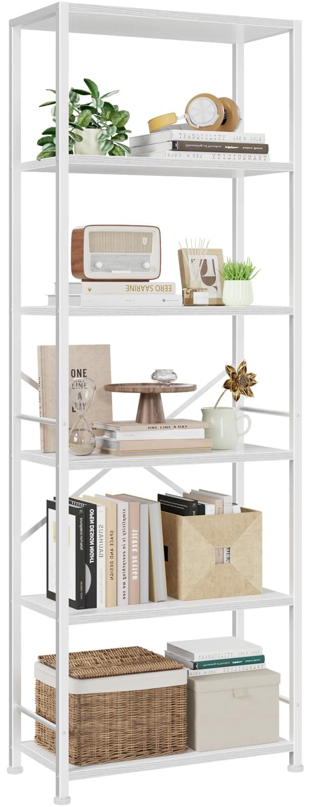 Furologee 6 Tier Book Shelf, Tall Wide Bookshelf, Modern Open Bookcase, Display Shelves Storage Organizer, Shelving Unit for Living Room, Home Office, Bedroom, Kitchen, White