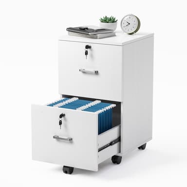 VINGLI 2 Drawer File Cabinet with Lock, Wood Grain White File Cabinets for Letter Size File Folders with Tabs, Mobile Under Desk Filing Cabinets for Home Office, Rolling Filing Cabinet Printer Stand