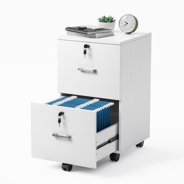 VINGLI 2 Drawer File Cabinet with Lock, Wood Grain White File Cabinets for Letter Size File Folders with Tabs, Mobile Under Desk Filing Cabinets for Home Office, Rolling Filing Cabinet Printer Stand