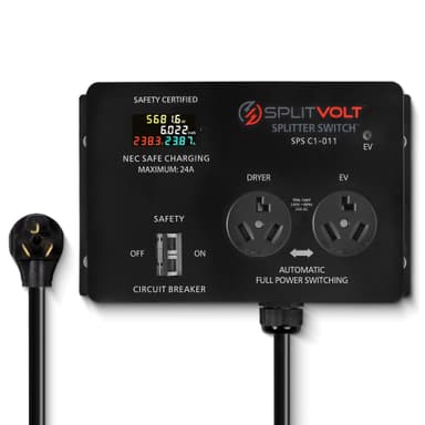 Splitvolt NEMA 10-30, 240V, 24 Amp Splitter Switch - Save Thousands on Home Electric Vehicle Charging EV Install, cETLus Certified, Auto Power Switching Between Dryer and EV or Two EVs, Plug and Play