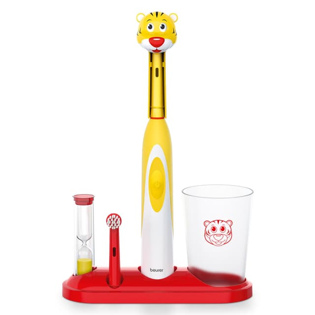 Beurer TB10 Kids Electric Toothbrush Kit - Fun Theo The Tiger Cap with 2 Extra-Soft Brush Heads to Help Remove Plaque, 2 Minute Timer, and Rinse Cup, BPA-Free, Safe for Ages 3+