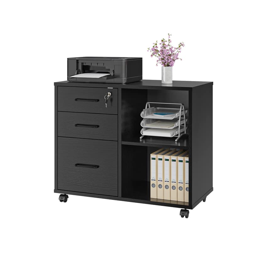 Panana 3 Drawer Office File Cabinets, Mobile Lateral Printer Stand with Open Storage Shelf, Rolling Filing Cabinet with Wheels Home Office Organization and Storage (Black)