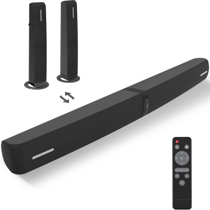 Assistrust Sound Bar for Smart TV,90W Soundbar with Bluetooth/ARC/Optical/AUX Connect, Auto Volume Boost, 3 Customizable Equalizer Modes, 2 in 1 Detachable Soundbar for TV/PC/Gaming/Projectors