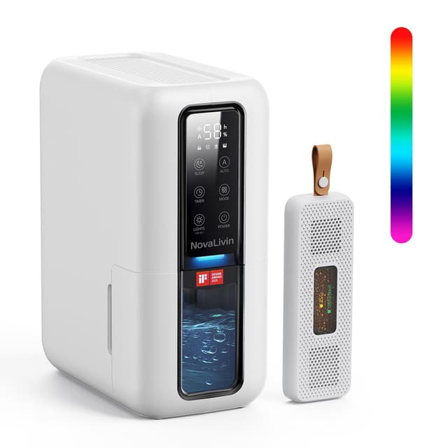 Dehumidifier for Home, Dehumidifiers for Bathroom, Bedroom, Living room, Closet with 68 OZ Water Tank, Moisture Absorbers, Auto Shut Off, Auto Humidity Control, 7 Colors LED Light, White
