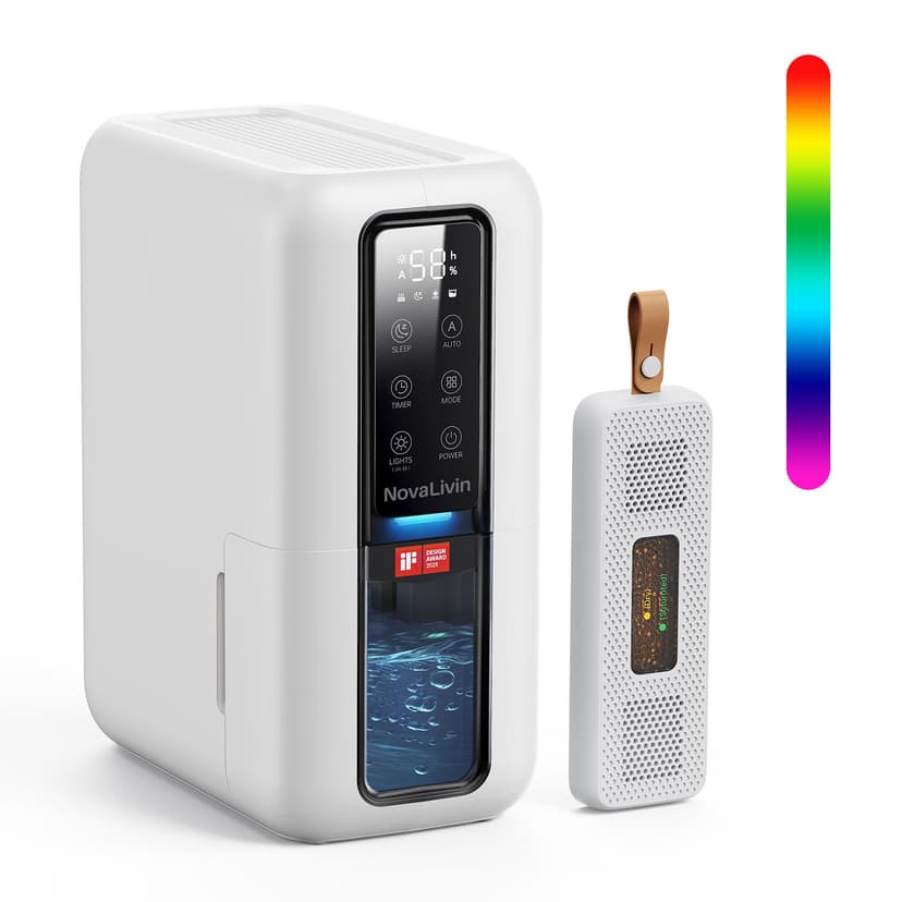 Dehumidifier for Home, Dehumidifiers for Bathroom, Bedroom, Living room, Closet with 68 OZ Water Tank, Moisture Absorbers, Auto Shut Off, Auto Humidity Control, 7 Colors LED Light, White