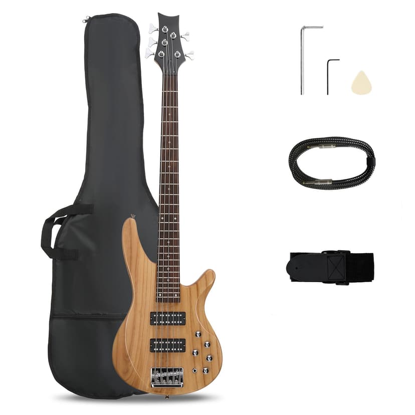 Ktaxon 5 String Electric Bass Guitar, Full Size Standard Right Handed Rosewood Fretboard Bass Kit with Gig Bag Strap Cable Wrench Tool (Upgraded Natural)