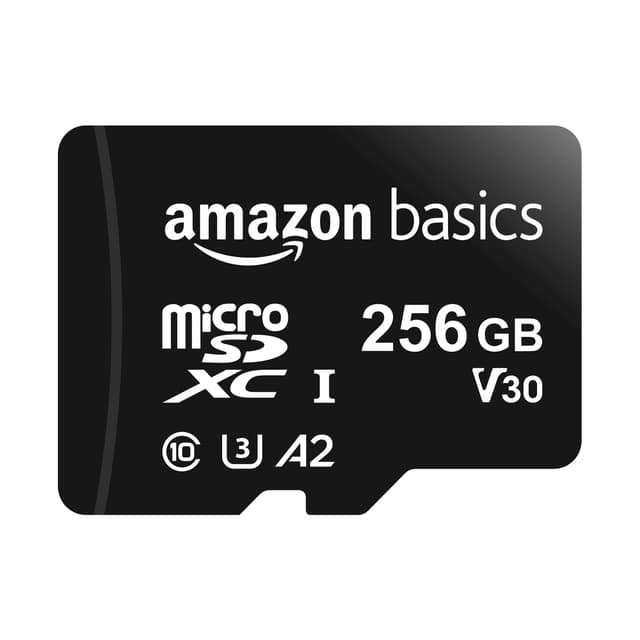 Amazon Basics Micro SDXC Memory Card with Full Size Adapter for Smartphones, Tablets, Action Cameras, Full HD, A2, U3, Read Speed up to 100 MB/s, 256 GB, Black