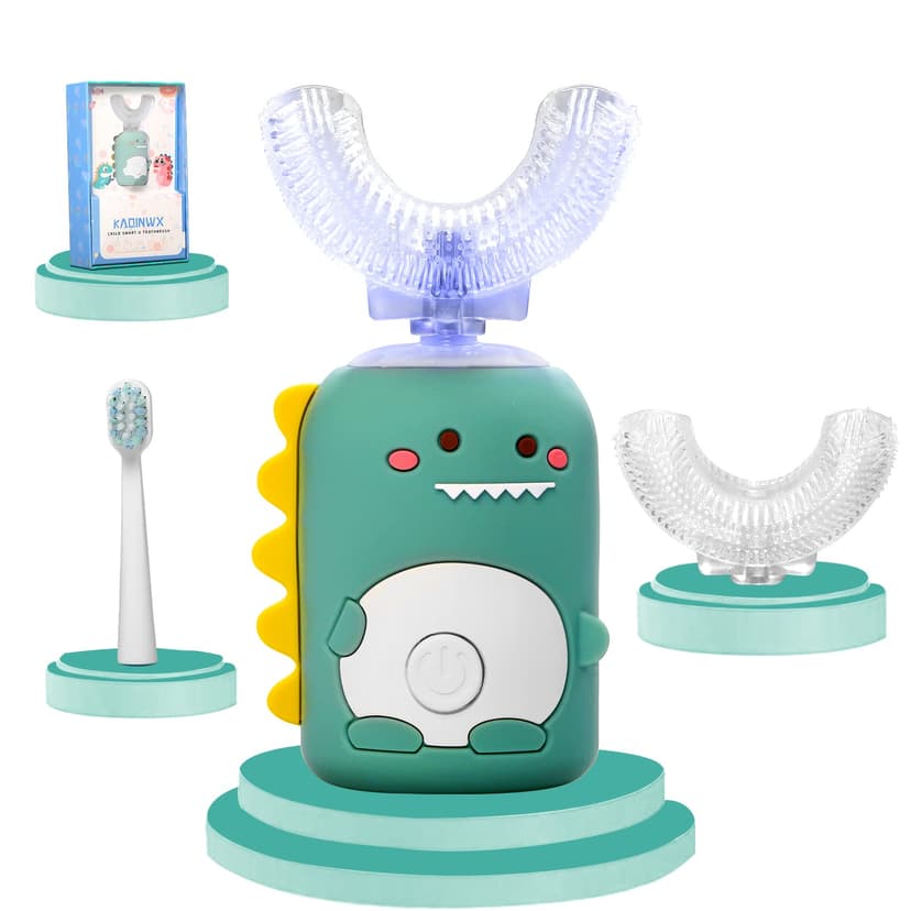KAQINWX Kids U Shaped Electric Toothbrush for Age 2-12, Rechargeable Toddler Toothbrush with Smart Timer & 3 Clean Modes, Dinosaur Design, IPX7 Waterproof, 3 Brush Heads & 360°Cleaning