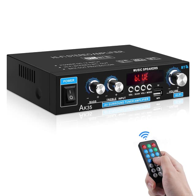 Home Audio Amplifier AK-35 HiFi Bluetooth 5.0 Mini Stereo Power Amp Receivers 2.0 Channel RMS 30W x 2 Max. 200W Output with USB,AUX,FM Radio for Home Theater Speakers System