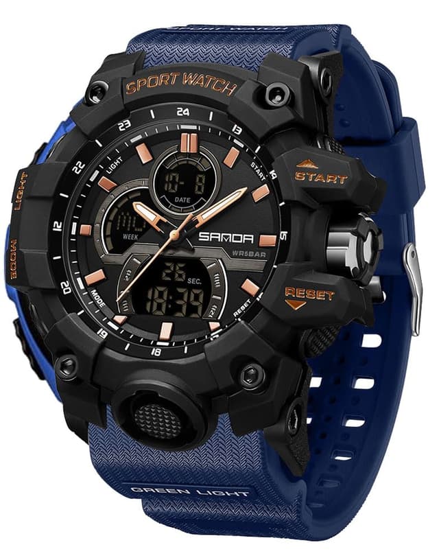 FANMIS Men's Solar Powered Casual Quartz Wrist Watch Analog Digital Multifunctional Black Sports Watch (X Blue)