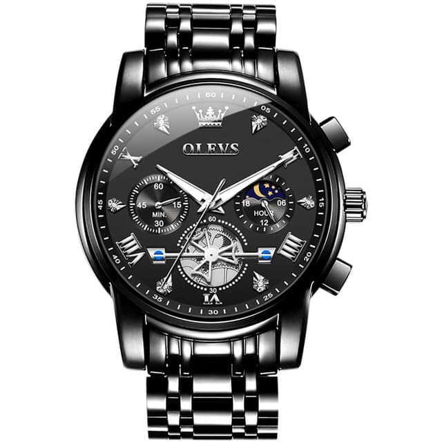 OLEVS Black Watch Luxury Classic Big Face Men's Watch Fashion Stainless Steel Waterproof Watches for Men Analog Quartz Chronograph Diamonds Unique Men's Wrist Watches Reloj para Hombre