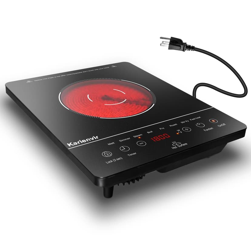 Karienvir Single Burner Electric Cooktop, Portable Electric Stove 110v with plug, Touch Stove Electric with Safety Lock, Timer, Kitchen Cooking Electric Stove With 9 Power Levels, 1800W