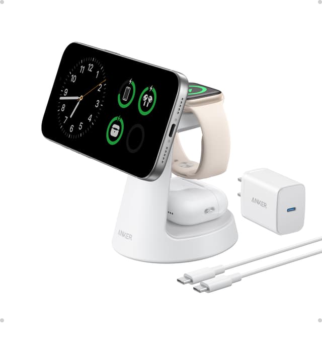 Anker MagSafe Charger Compatible, MagGo 3-in-1 Charging Station, Nano Charging Stand, Qi2 Certified 15W Magnetic Wireless Charger Dock, for iPhone17/16/15/14, Apple Watch,AirPods (Adapter Included)