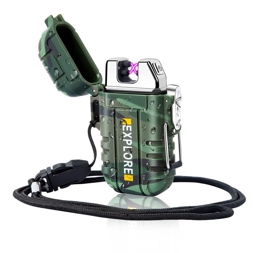 LcFun Waterproof Electric Dual Arc Lighter USB Rechargeable Outdoor Windproof Flameless Plasma Lighters for Camping, Hiking, Adventure, Survival Tactical Gear Valentines Day Gifts for Him